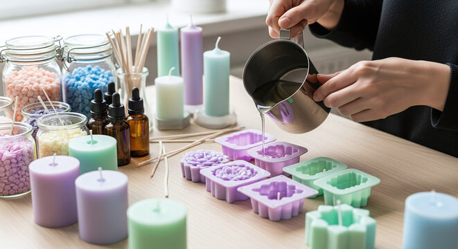 Hands pouring melted wax into candle molds for homemade candle making