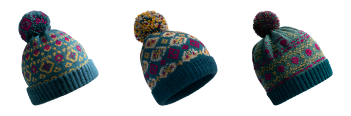 Set of teal fair isle knit beanies, isolated on transparent background