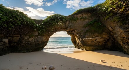 Natural Archway on a Tropical Beach with Turquoise Ocean Waves.
