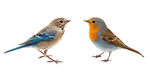 Fototapeta premium Two colorful birds facing each other against a plain white background. their plumage and intricate details. ideal for nature enthusiasts and wildlife photography