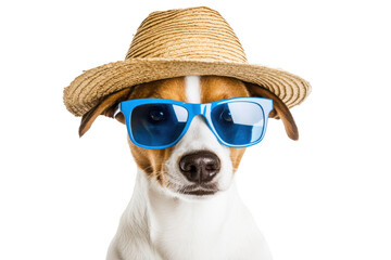 A stylish dog wearing a straw hat and blue sunglasses poses confidently against a white background. embodying a fun and playful summer vibe. perfect for pet-related content