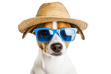 A stylish dog wearing a straw hat and blue sunglasses poses confidently against a white background. embodying a fun and playful summer vibe. perfect for pet-related content