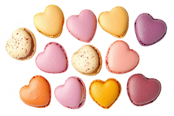 A collection of heart-shaped macarons in various pastel colors arranged aesthetically on a white background. perfect for celebrating love or special occasions like Valentines Day