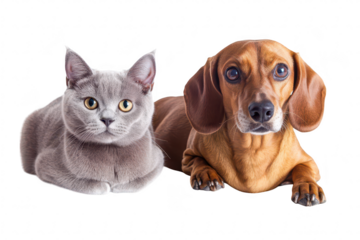 A charming gray cat and a friendly brown dachshund lying side by side on a clean white background. their companionship and playfulness. ideal for pet-related content