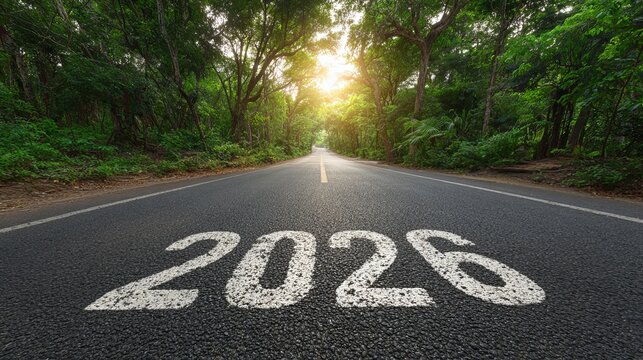 Drive into 2026 with a clear path forward, surrounded by lush greenery and bright sunshine, a year of growth and new beginnings on the horizon