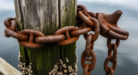 Rusty Chain Securing a Wooden Post at the Waterfront.