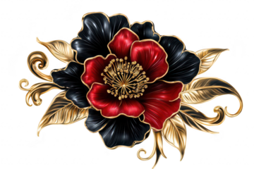 A beautifully crafted illustration of a black and red flower with intricate golden leaves. set against a clean white background. ideal for decorative or artistic uses