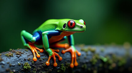 Redeyed tree frog on mossy branch is ideal for nature websites, educational materials, wildlife presentations, and tropicalthemed designs.
