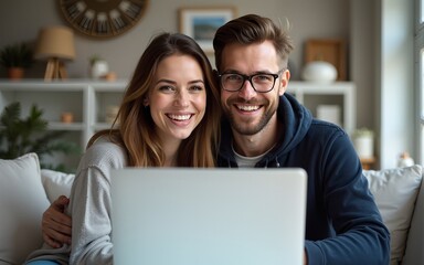 Home office, couple and portrait with laptop for investment, banking and saving planning. Happy, man smile and remote freelancer with partner with online, digital and internet app for joint account