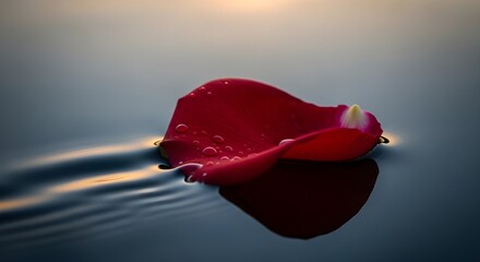 Solitary red rose petal drifting across a tranquil pond at sunset.