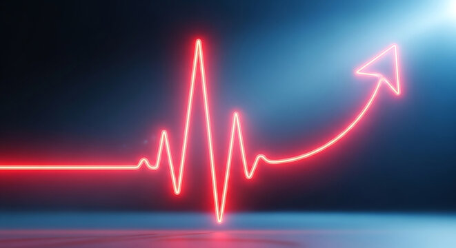 Red neon electrocardiogram line transforming into an upward trending arrow - Powered by Adobe