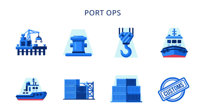 Collection of eight blue and white flatstyle icons related to port operations