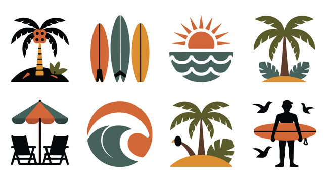 Tropical beach scene collection isolated on