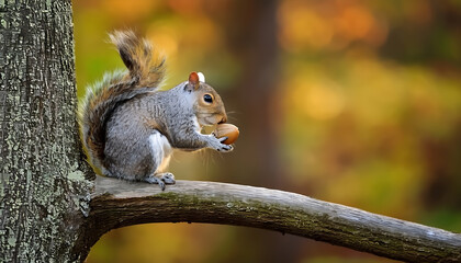 Close-up side view of a gray squirrel sitting on a tree branch, actively holding a brown acorn in its paws, with a blurred autumnal forest background.