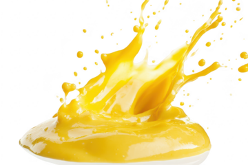 A splash of yellow paint captured mid-air. the dynamic motion and energy of the paint. set against a clean white background. perfect for art and design concepts