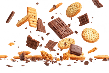 A dynamic scene an array of cookies and chocolate pieces in mid-air. creating a playful and atmosphere. perfect for food-related marketing or culinary projects