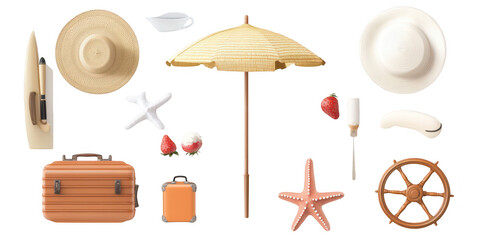 A collection of summer vacation essentials including a straw umbrella. hats. a suitcase. and fresh strawberries arranged aesthetically on a white background. ideal for travel and leisure imagery