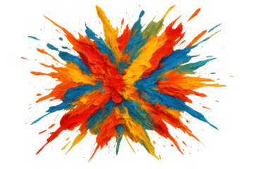 Vibrant color powder explosion creating an abstract burst of red, orange, yellow, and blue hues on transparent background