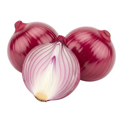 Red onion bulbs whole and halved fresh vegetable ingredient cooking food photography isolated on transparent background