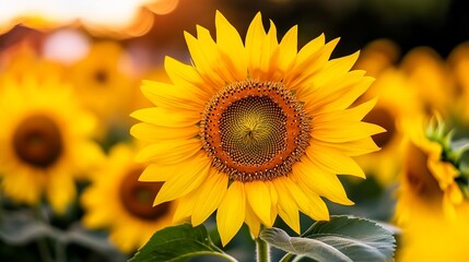 Obraz premium Sunflower blossoms displaying vibrant petals in a field with soft, natural sunlight enhancing their yellow color.