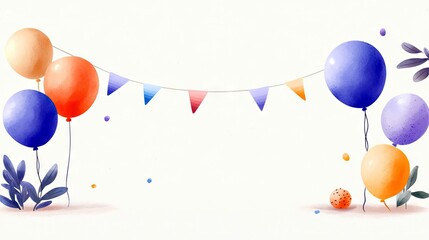 A cheerful arrangement of colorful balloons and triangular bunting flags are displayed against a plain background, suggesting a celebration.