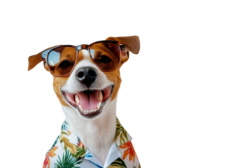 A cheerful dog wearing sunglasses and a tropical shirt. smiling brightly against a plain background. a fun and playful atmosphere perfect for pet-themed marketing or social media content