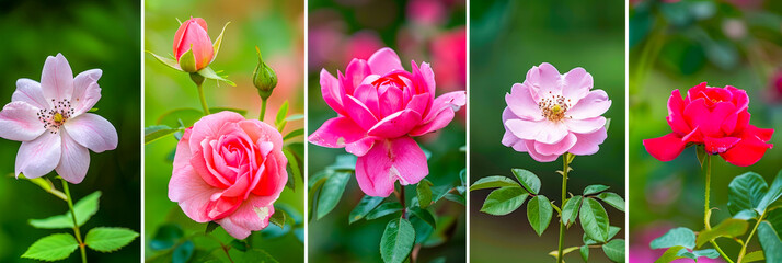 Colorful roses bloom in a garden showcasing various shades of pink and red during a sunny afternoon