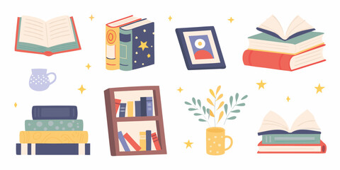 Collection of illustrated books picture frame mug and decorative elements on white background