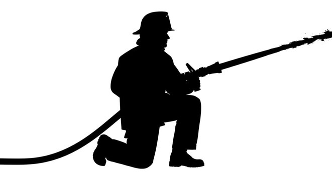 Silhouette of a fireman on his knees holding firehose on white isolated background