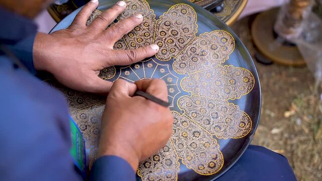 Slow-motion shot of Pakistani artist working on woods