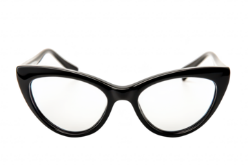 A stylish pair of black cat-eye glasses with clear lenses. showcased against a clean white background. emphasizing modern fashion trends and accessories suitable for editorial use