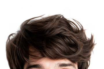 A close-up view of a young persons hair against a plain white background. the texture and style of the hair. ideal for beauty or hairstyle-related content