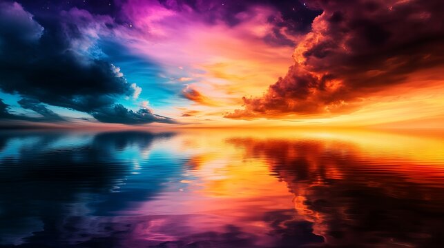 Surreal clouds reflect vibrant colors onto calm water creating a dreamlike atmosphere in this breathtaking landscape. - Powered by Adobe