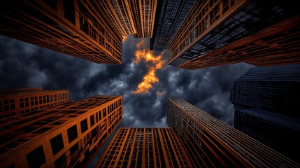 Tall buildings rise toward a dark, cloudy sky with a patch of orange light shining through, creating a dramatic urban scene.