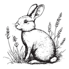 Hare, rabbit, sketch. Vintage retro print, wild hare, farm rabbit sketch ink pencil style drawing, linear drawing, engrave old school. Sketch artwork silhouette wild hare, farm rabbit. Illustration