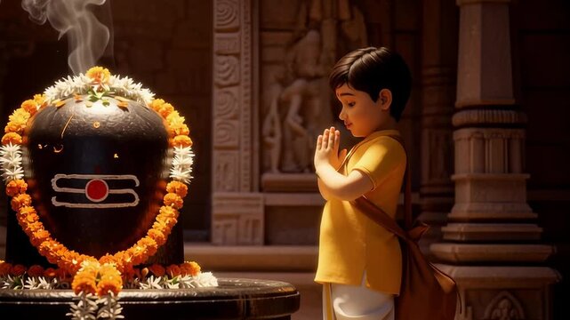 A young boy offers a sincere prayer to a beautifully decorated Shiva Lingam glowing in divine light.