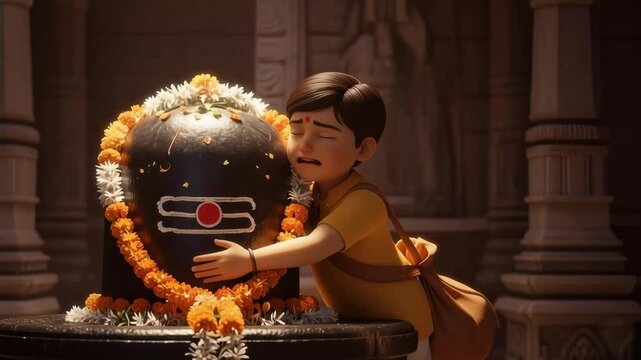 A young boy kneels before the sacred Shivling inside the temple, offering heartfelt devotional prayer.