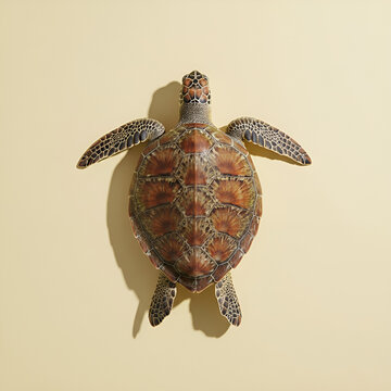 A stunning green sea turtle's intricate shell patterns are displayed in an overhead studio shot on a simple beige backdrop.