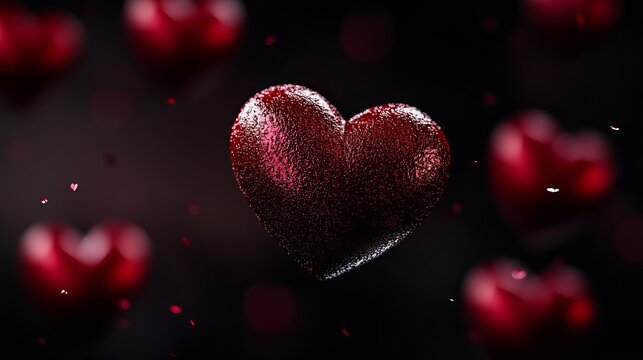 Textured red heart hovers prominently, surrounded by blurry hearts and tiny confetti against a dark background.