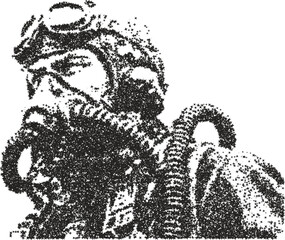Vector stipple art portrait of military aviator with flight gear and breathing mask rendered in artistic dotted pointillism style
