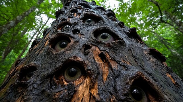 Tree displays many human eyes embedded within its bark, appearing in a green forest environment.