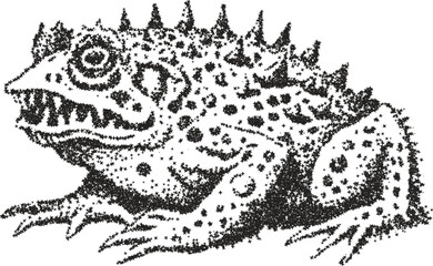 Scary monster toad lizard creature with sharp teeth, rendered in a creative stipple vector style. Dark fantasy or horror illustration ideal for creating a menacing and aggressive mood.
