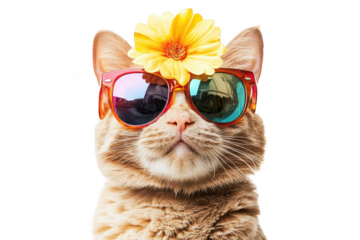 A charming orange tabby cat wearing colorful sunglasses and a bright yellow flower on its head. posing playfully against a clean white background. perfect for pet-themed marketing