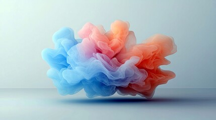 A dynamic, abstract cloud formation of soft, swirling smoke in vibrant blue and orange colors, set against a minimalist light blue background.