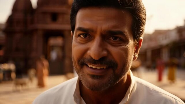 A concerned village man looks toward the camera, his expression reflecting thoughtfulness and quiet intensity.