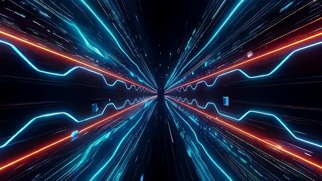 A Futuristic Vision of Light and Motion: An Abstract Representation of High-Speed Energy Flowing Through a Digital Tunnel of Vibrant Colors and Pulsating Waves