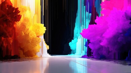 Vibrant plumes of red, yellow, cyan, and magenta smoke or powder burst outwards, creating a pixelated waterfall effect against a dark background.