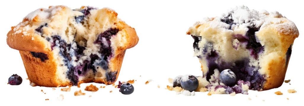 PNG Two blueberry muffins with crumbs and fresh blueberries element set on transparent background. - Powered by Adobe