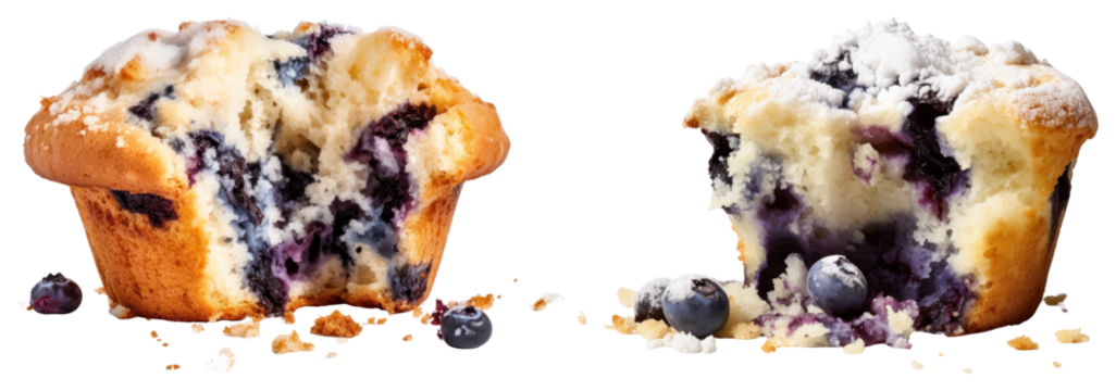 PNG Two blueberry muffins with crumbs and fresh blueberries element set on transparent background.