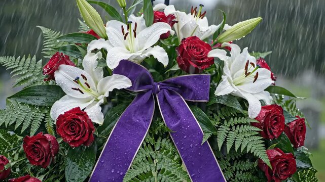 Close up of a funeral wreath with lilies, roses, and a purple bow in the rain. Symbolizing loss and mourning.